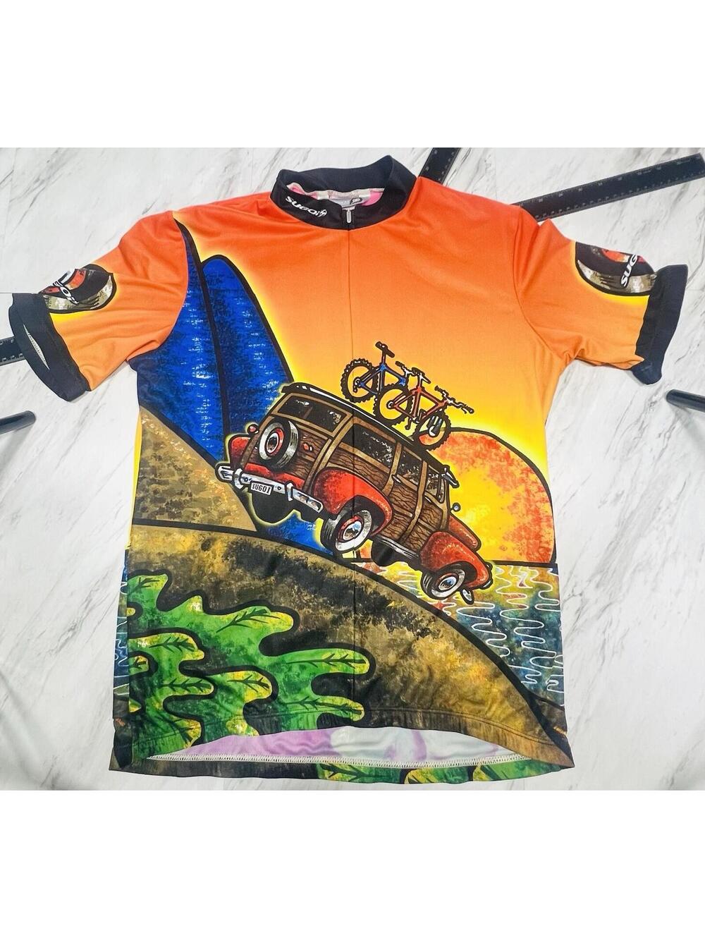 Sugoi Cycling Jersey Men’s Small Orange Mountain Bike Woody Wagon Full Zip #13